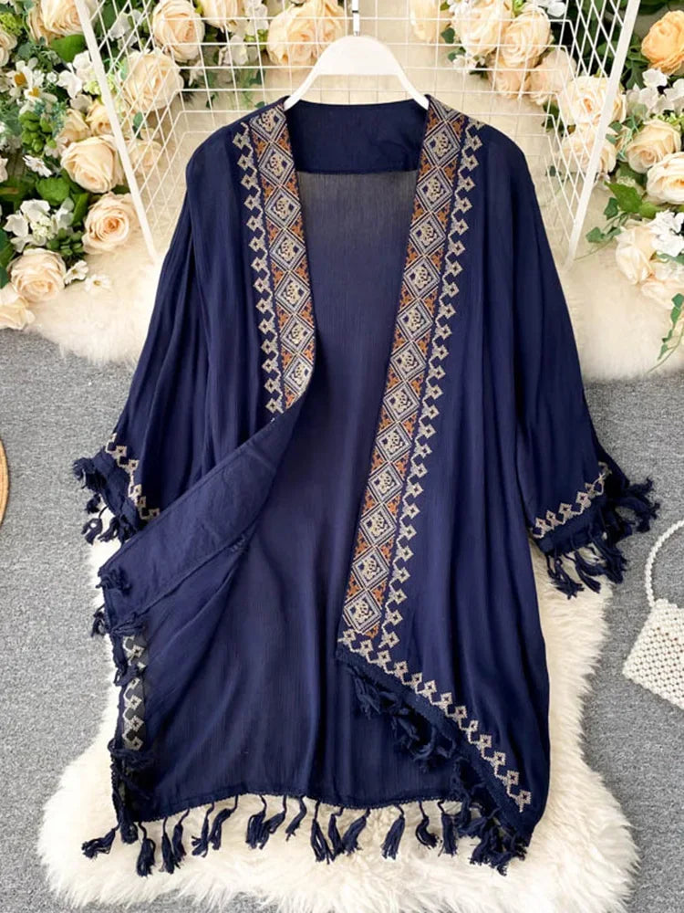 Kimono Brodé Court Ethnique bleu