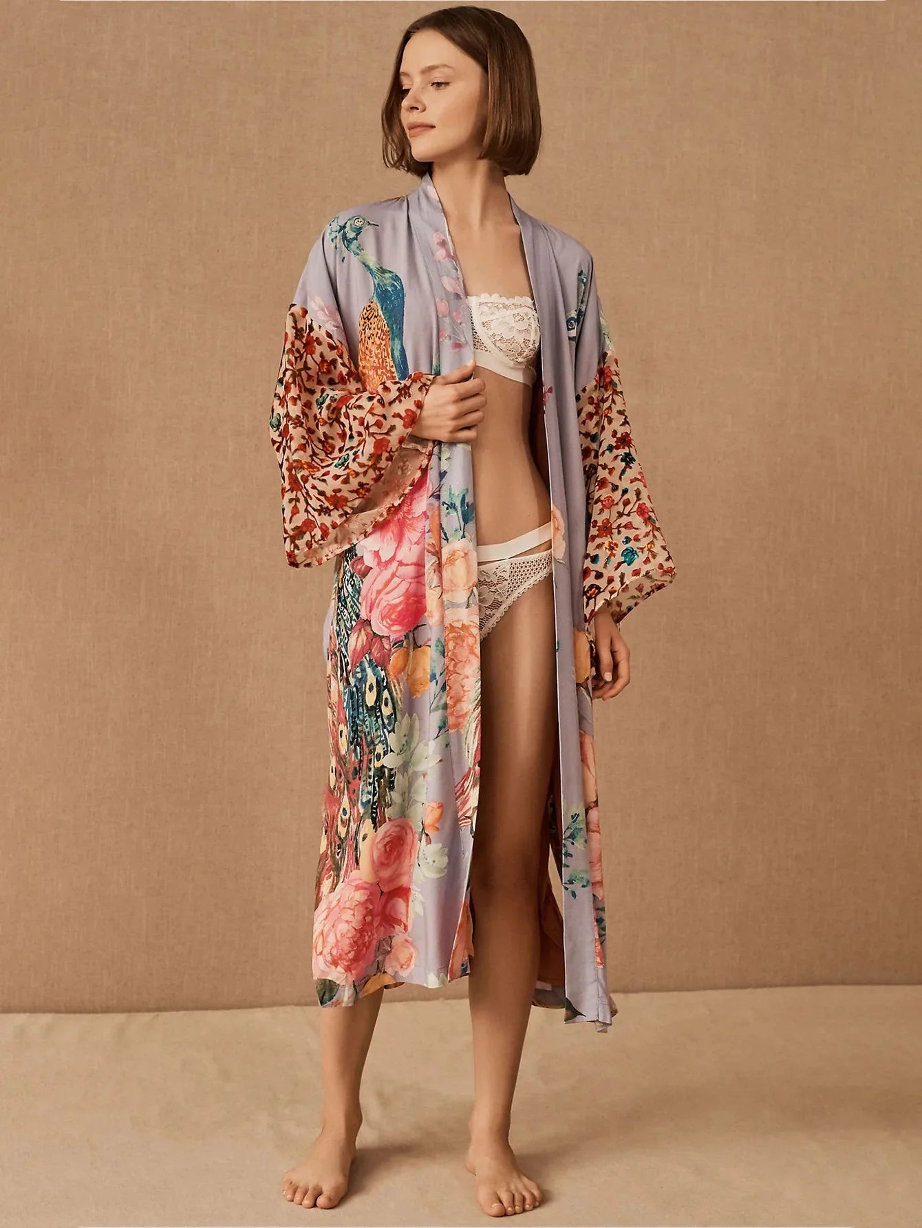 Kimono de Plage Vintage Fleuri Violet