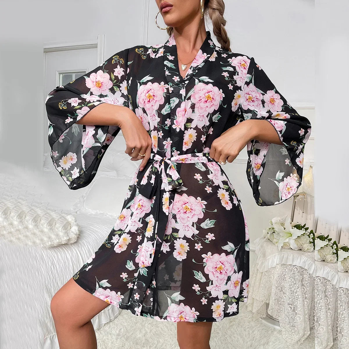 Peignoir Kimono Noir à Fleurs Sexy Transparent