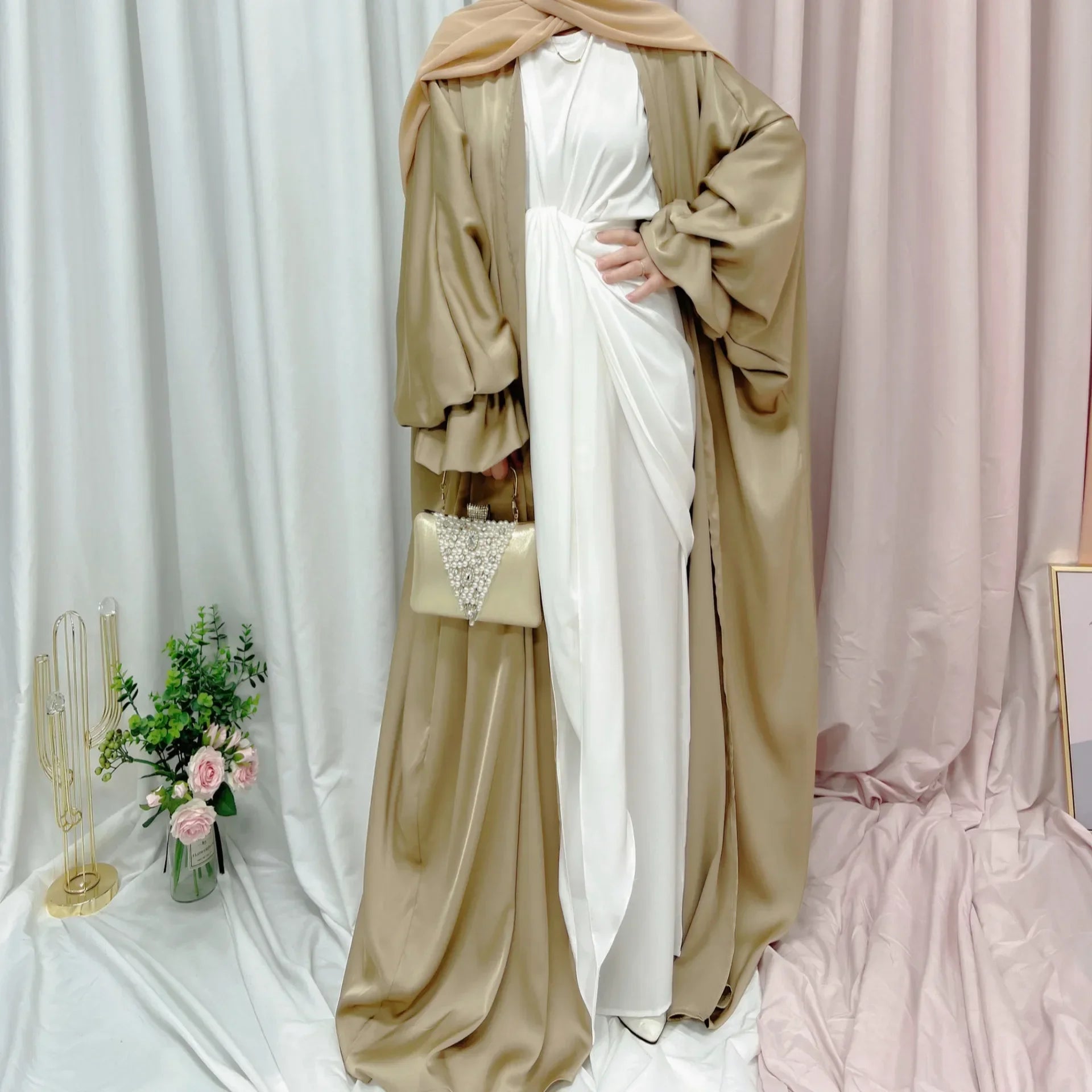 Kimono Abaya à Manches Bouffantes Beige