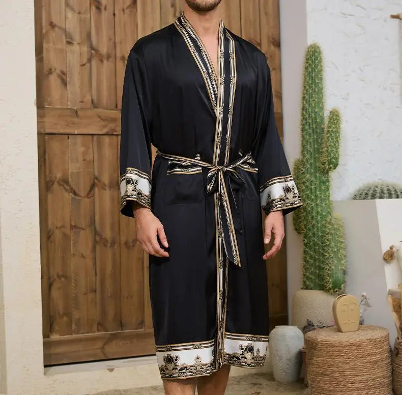 Kimono Japonais Homme en Satin de Soie Noir