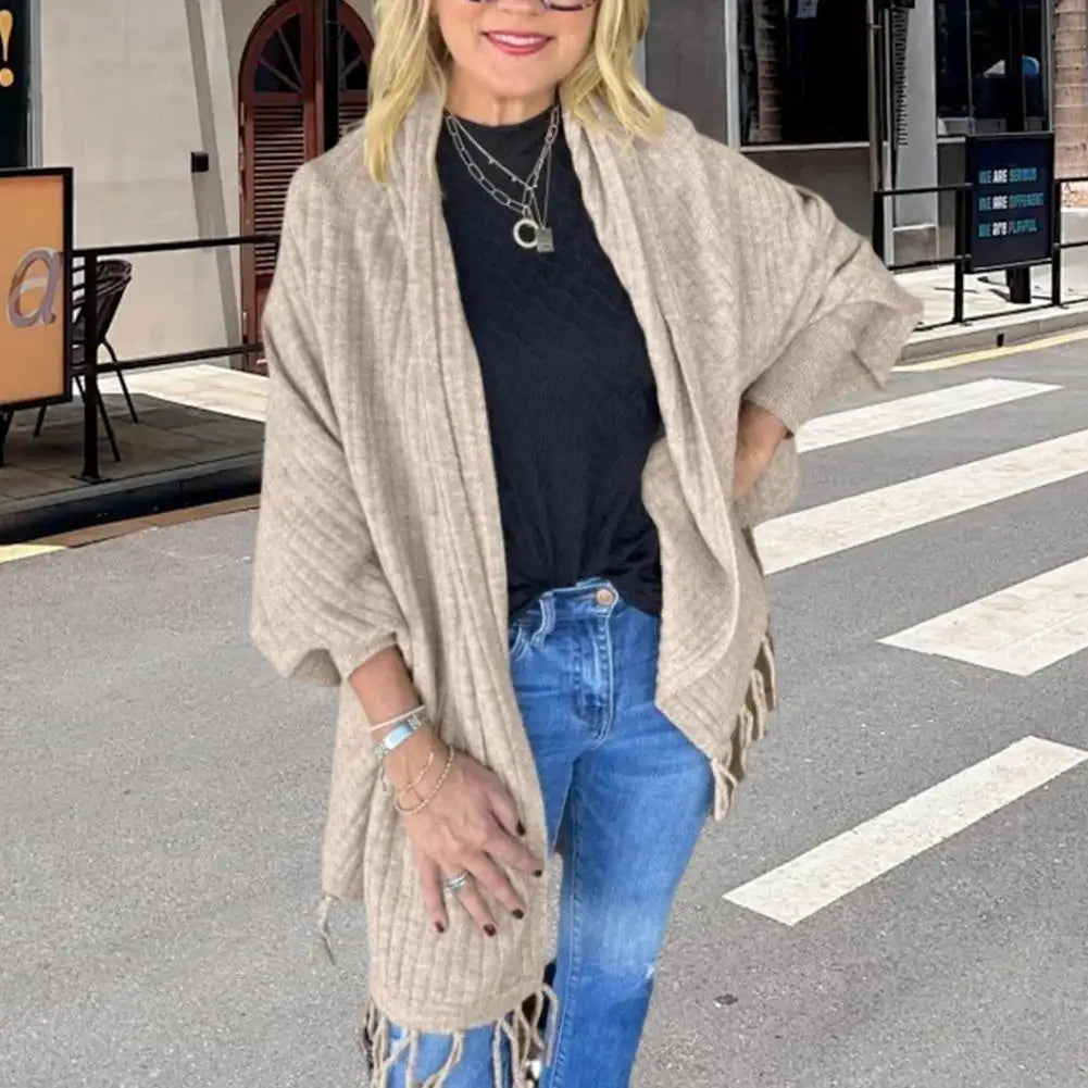 Cardigan Veste Kimono à Franges Beige