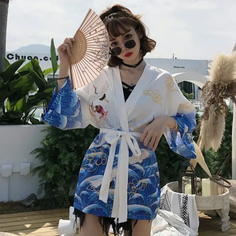 Veste Kimono Japonais Bleu Élégant
