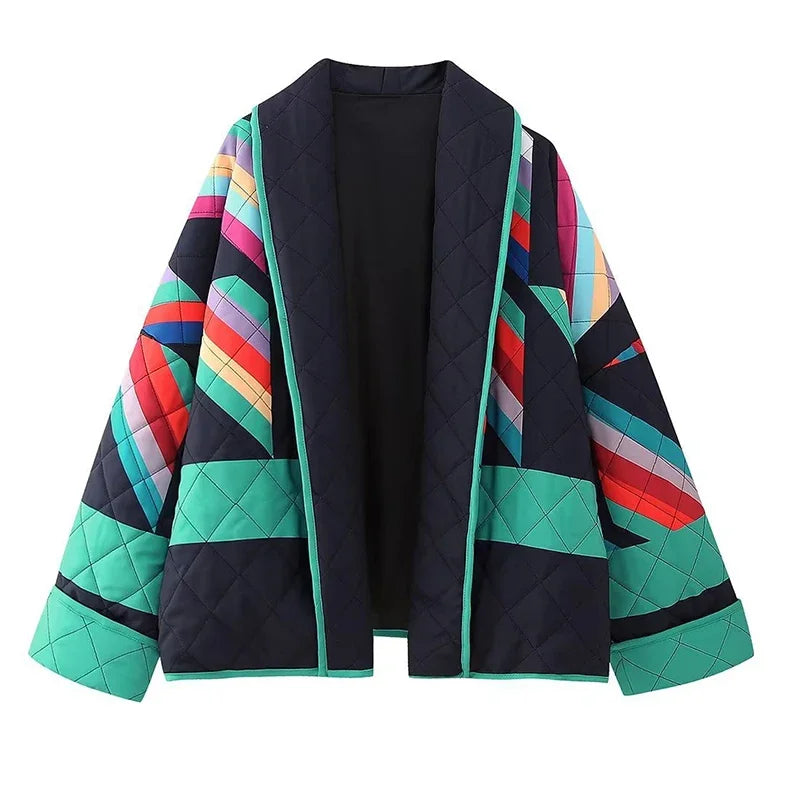 Veste Kimono Rembourrée à Motifs Géométriques Moderne