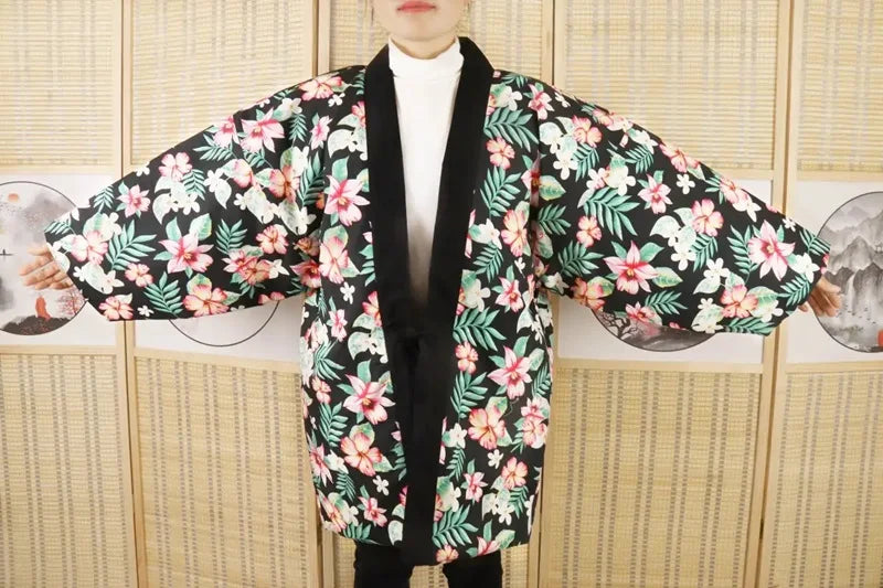 Veste Kimono Floral Ethnique Noir
