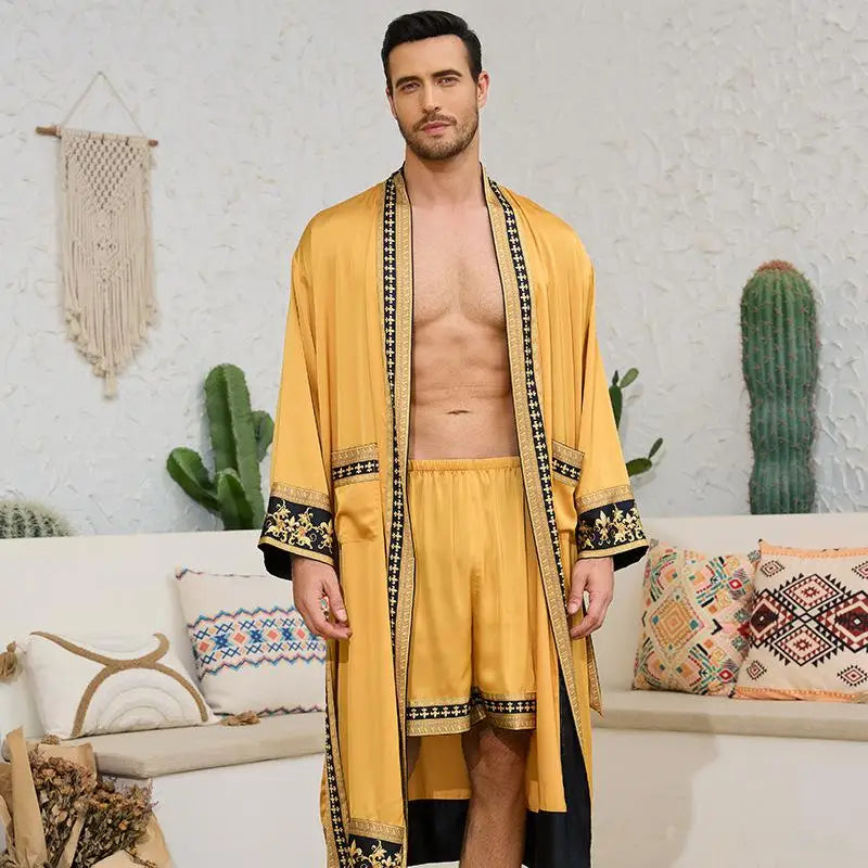 Kimono Japonais Homme en Satin de Soie Jaune
