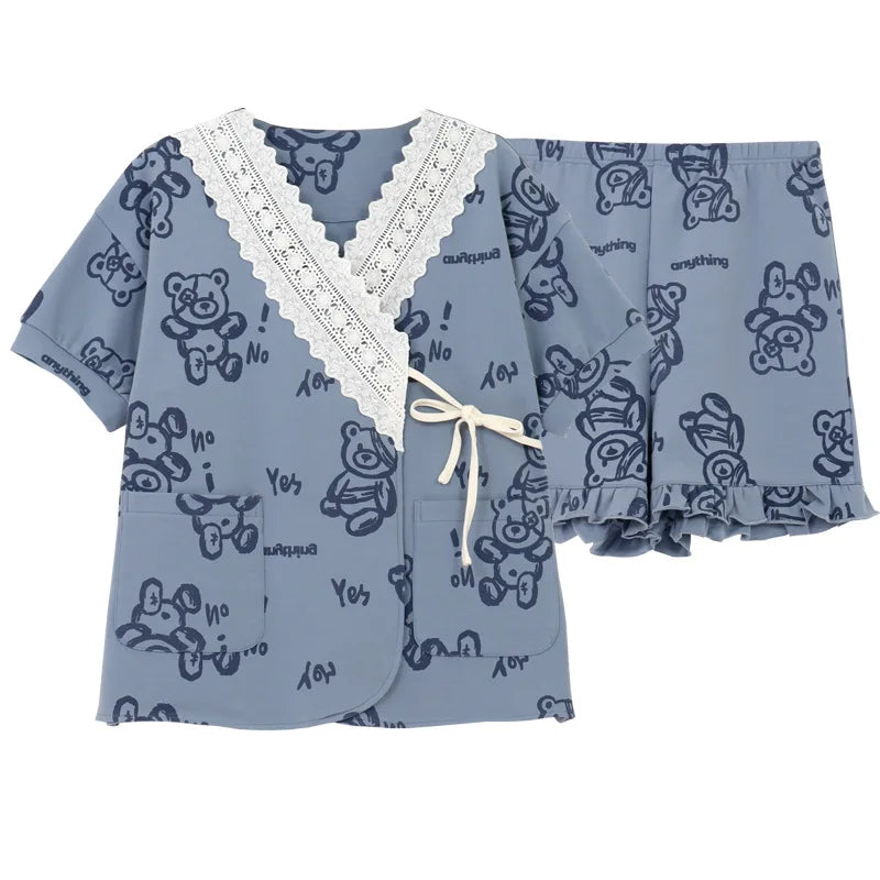 Pyjama Kimono Femme Bleu à Dentelles Stylé