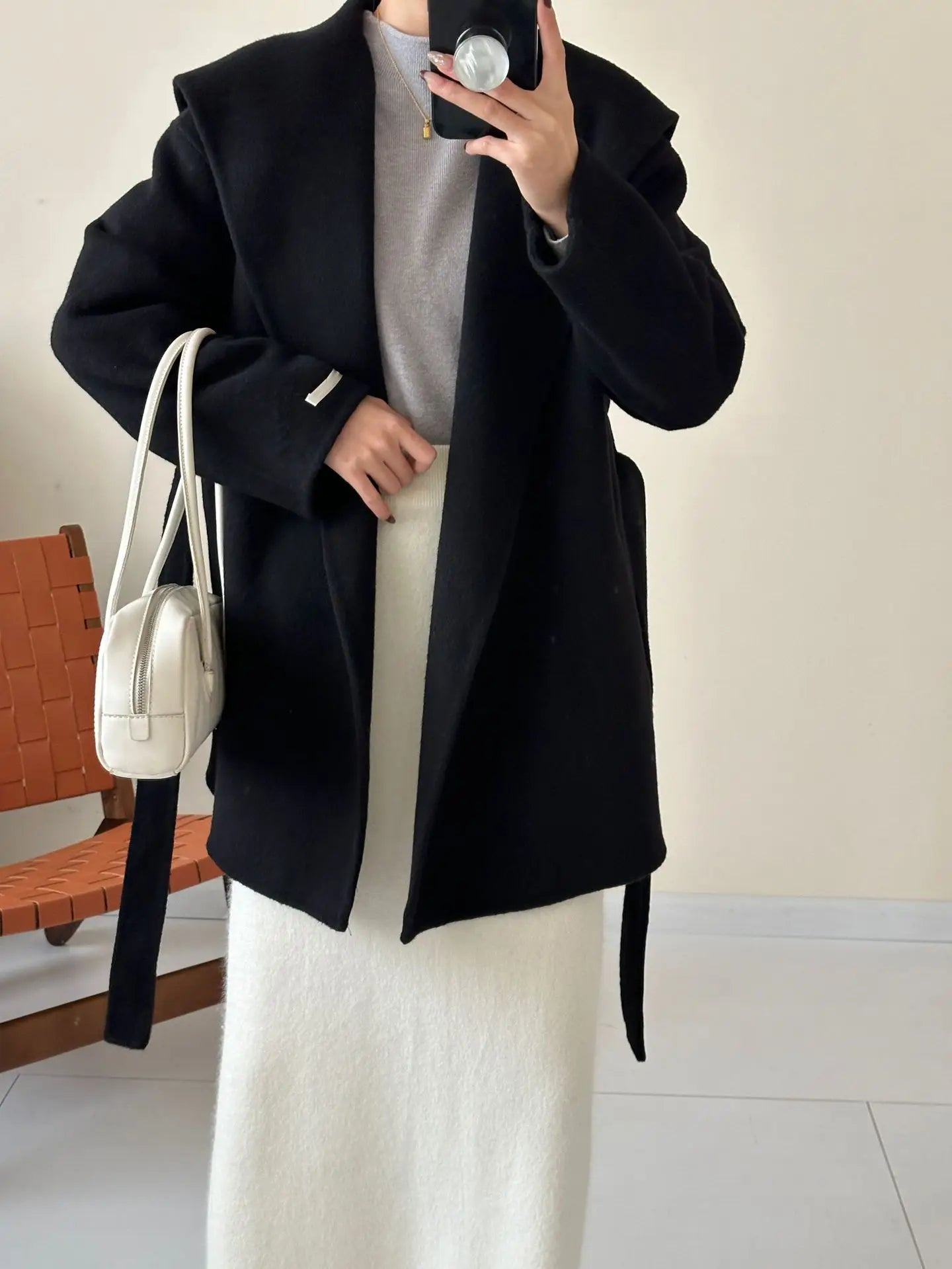 Manteau Kimono à Grand Col Noir