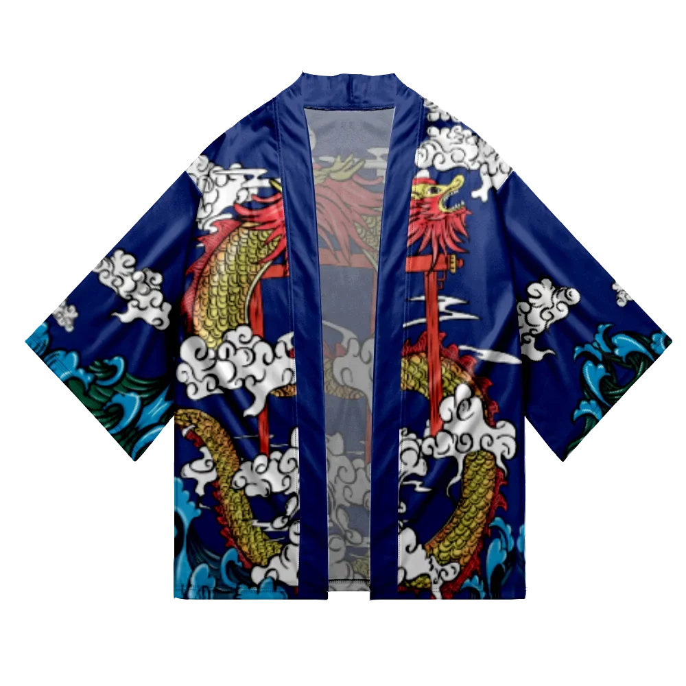 Veste Kimono Japonais Bleu Marine Soyeux