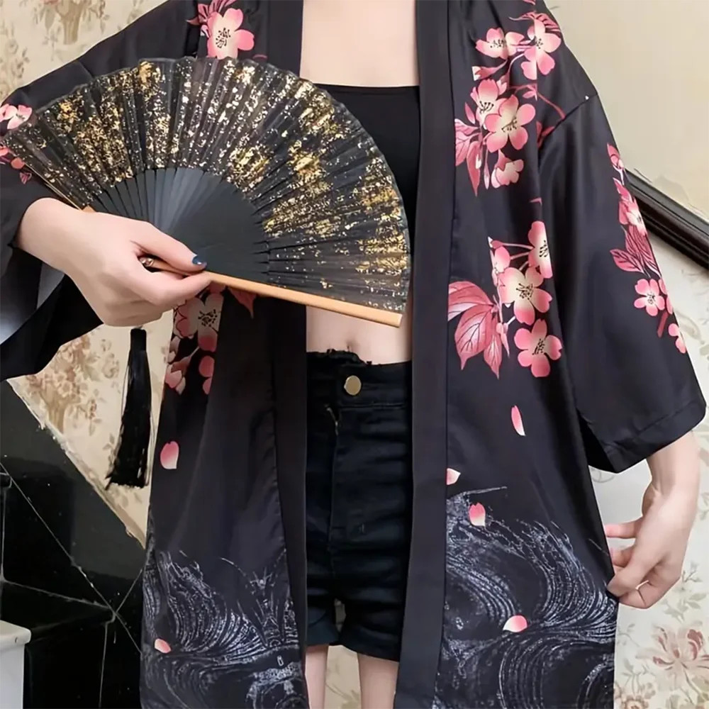 Veste Kimono Japonaise Noire Florale Cool