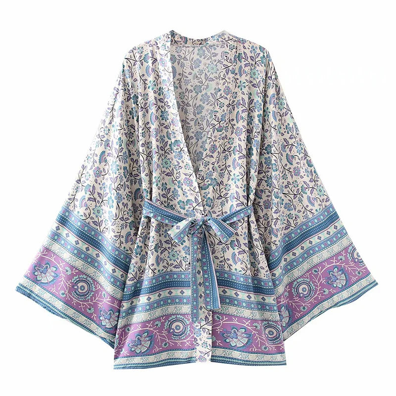 Kimono Boho Bleu Fleuri doux