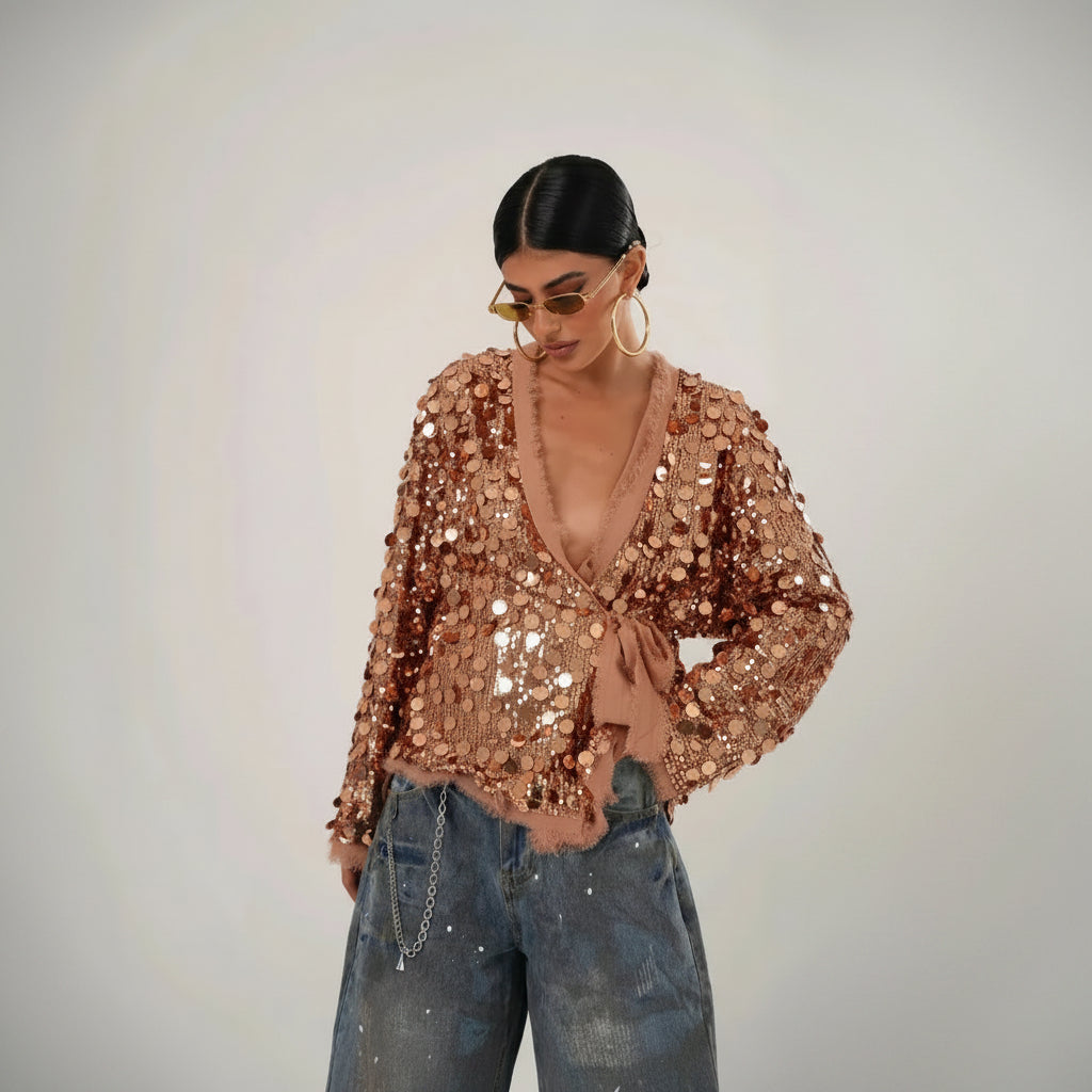 Veste Kimono Ample à Paillettes Dorées