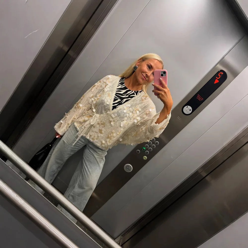 Veste Kimono Blanche Pailletée léger