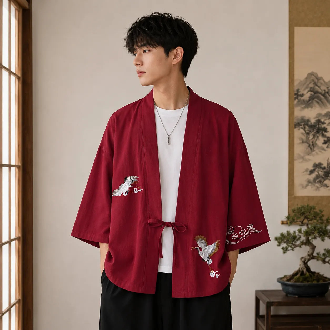 Veste Kimono Brodée Grues