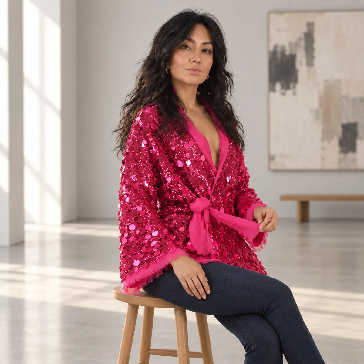 Veste Kimono Fuchsia à Paillettes