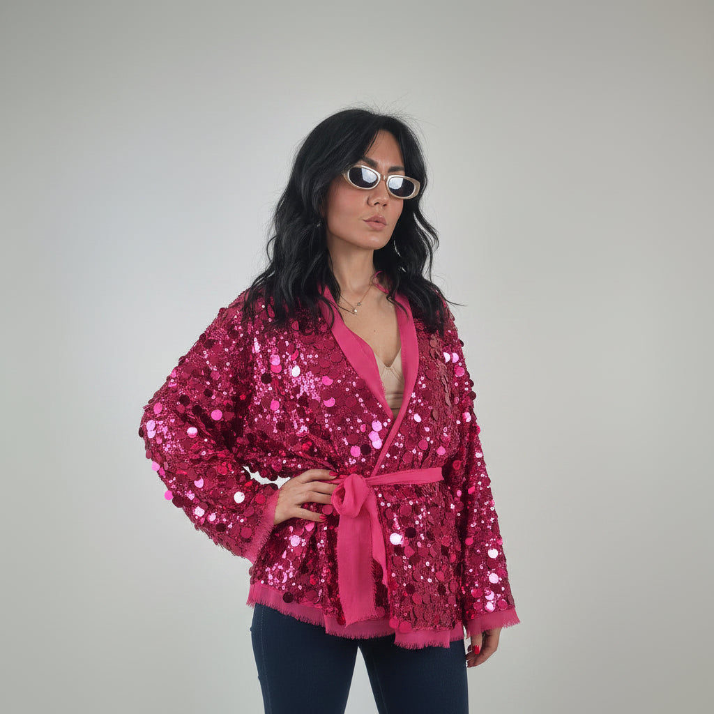 Veste Kimono Fuchsia à Paillettes stylé