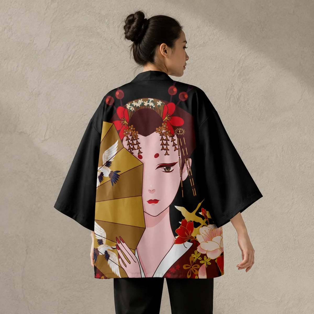 Veste Kimono Geisha Éventail Design