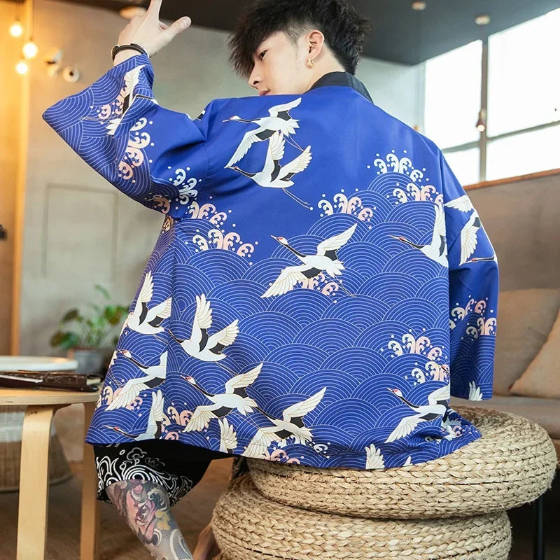 Veste Kimono Grues Japonais Bleu Homme