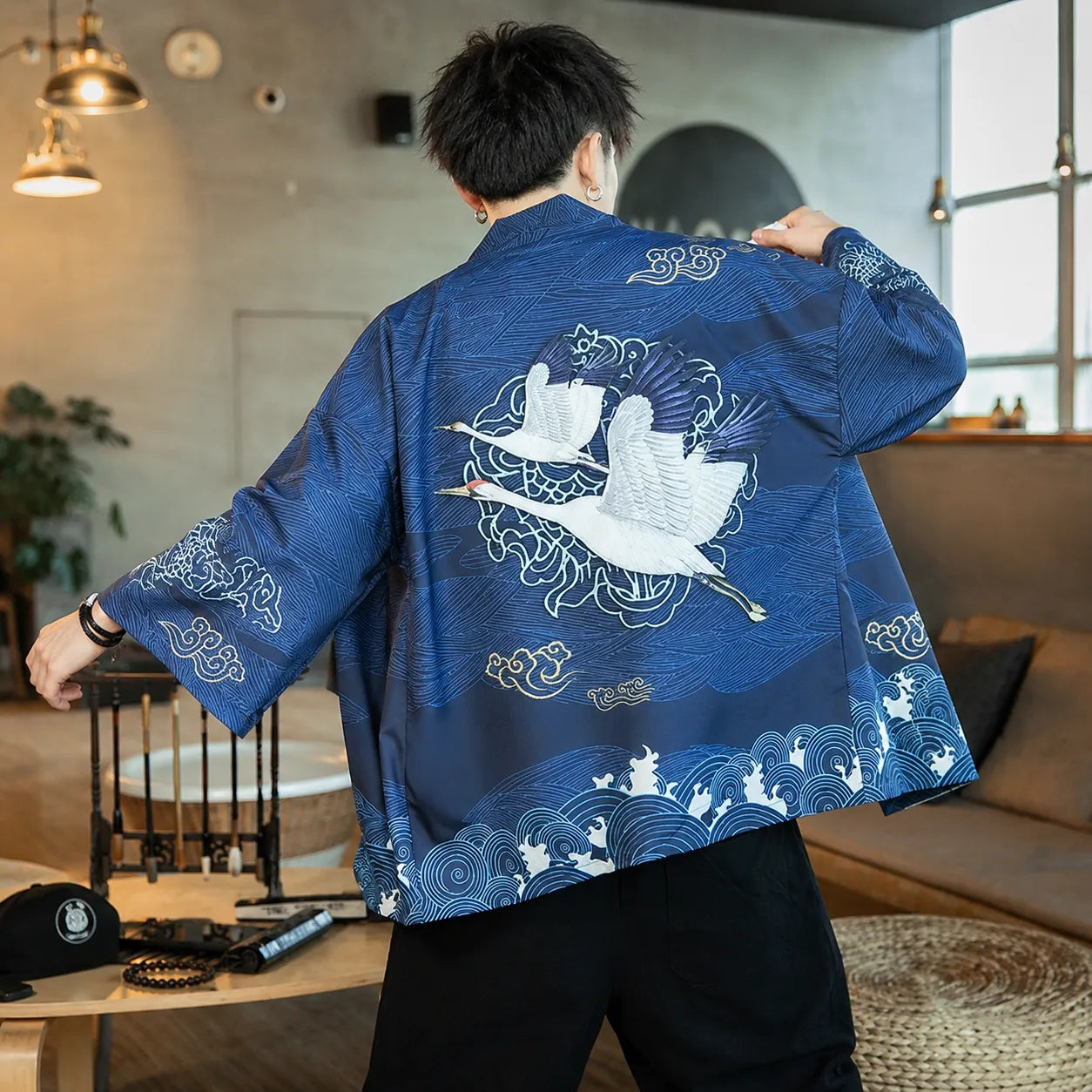 Veste Kimono Homme Bleu Grues