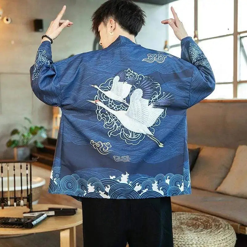 Veste Kimono Homme Bleu Grues Design