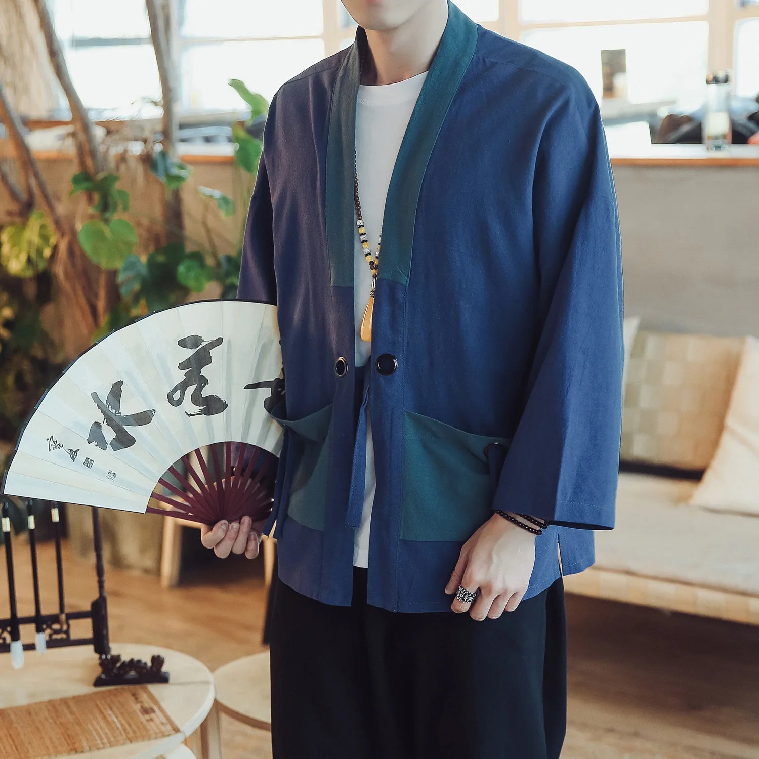 Veste Kimono Homme Bleue à Poches Design