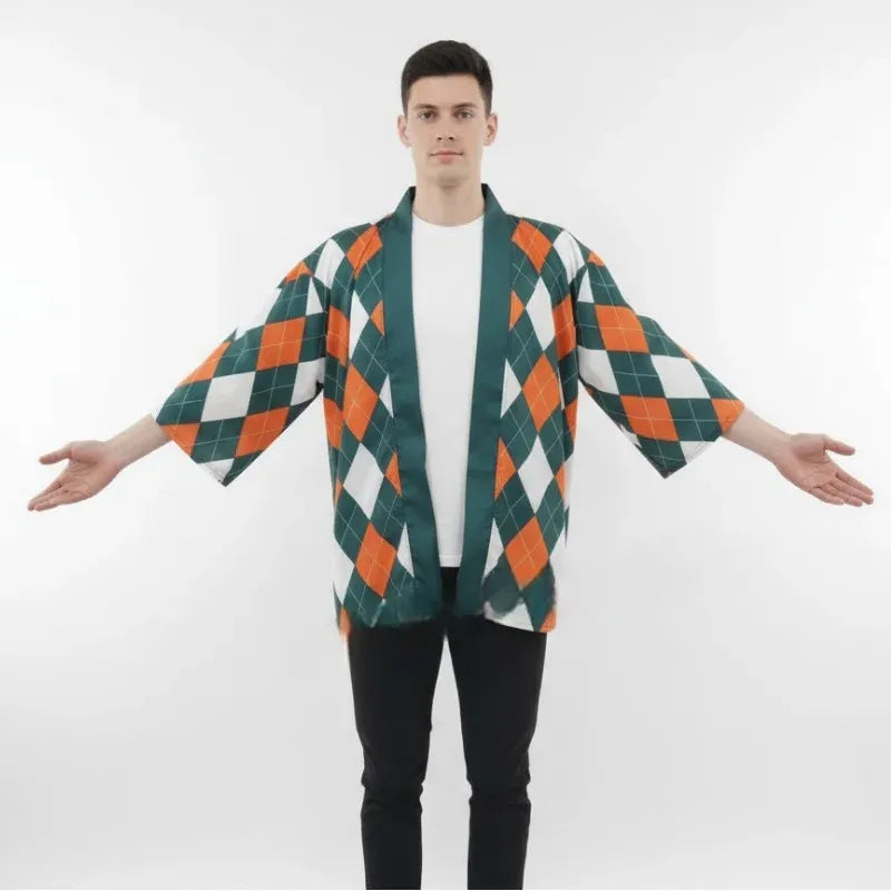 Veste Kimono Homme Carreaux Vert Stylé