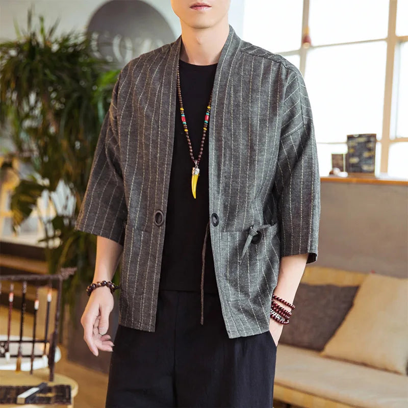 Veste Kimono Homme Gris Rayé