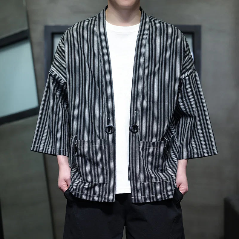 Veste Kimono Homme Noir à Rayures
