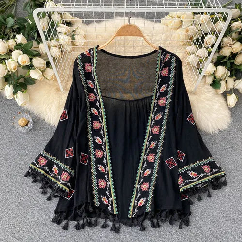 Veste Kimono Noire Boho Brodée Stylé