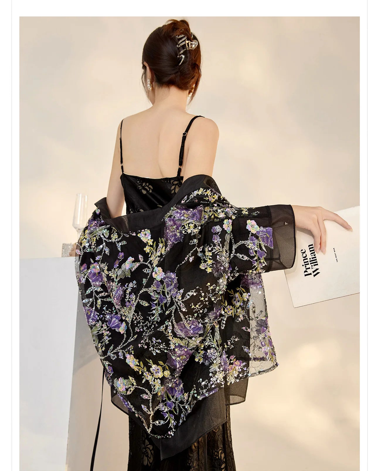 Veste Kimono Noire Fleurie fashion