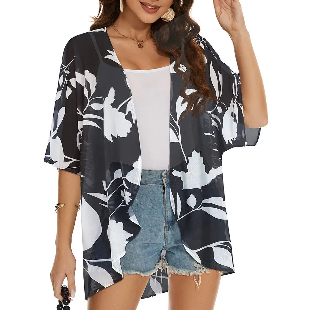 Veste Kimono Transparent Femme Fleuri Design