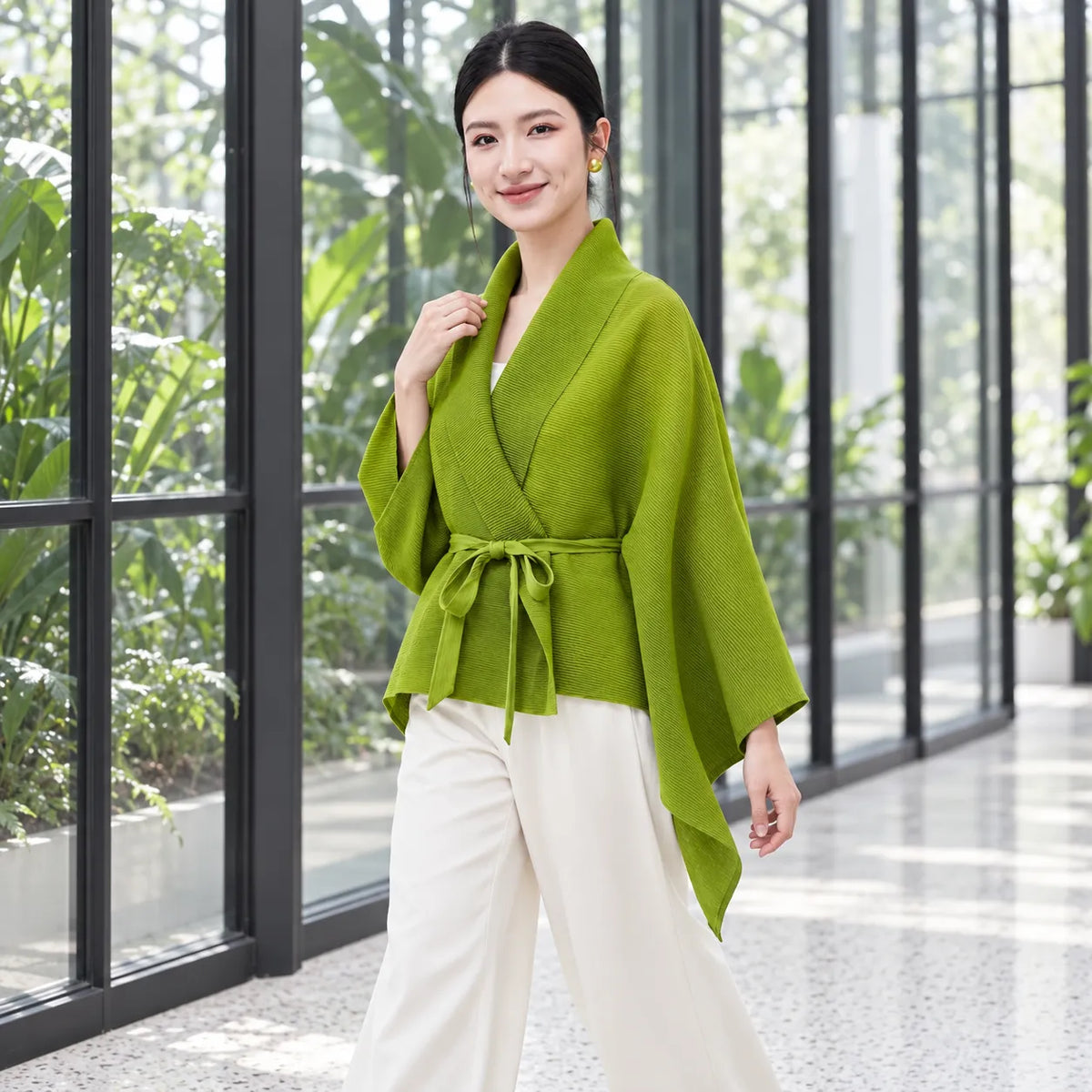 Veste Kimono Vert Asymétrique Évasée