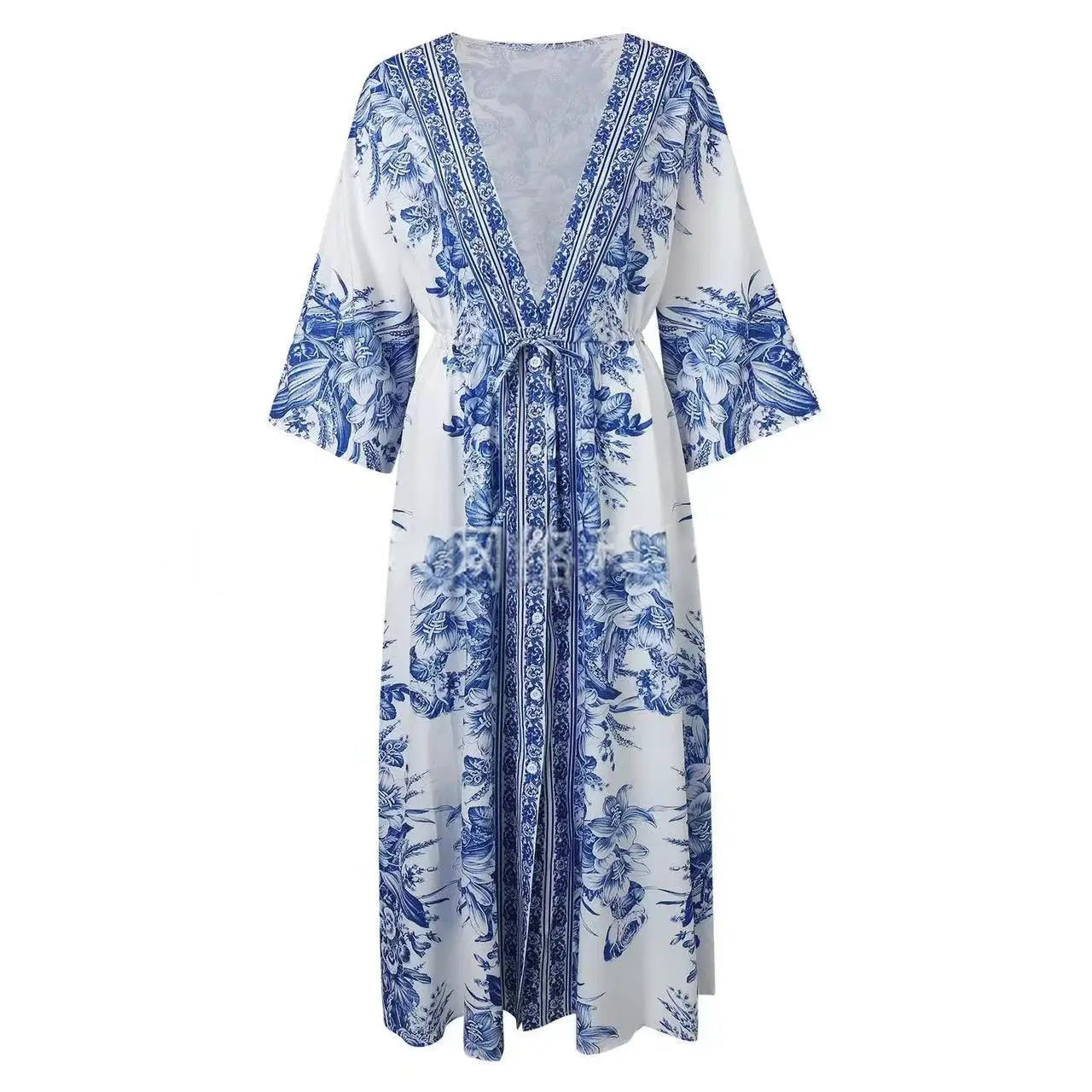 Robe Kimono Bleue Longue manches courtes