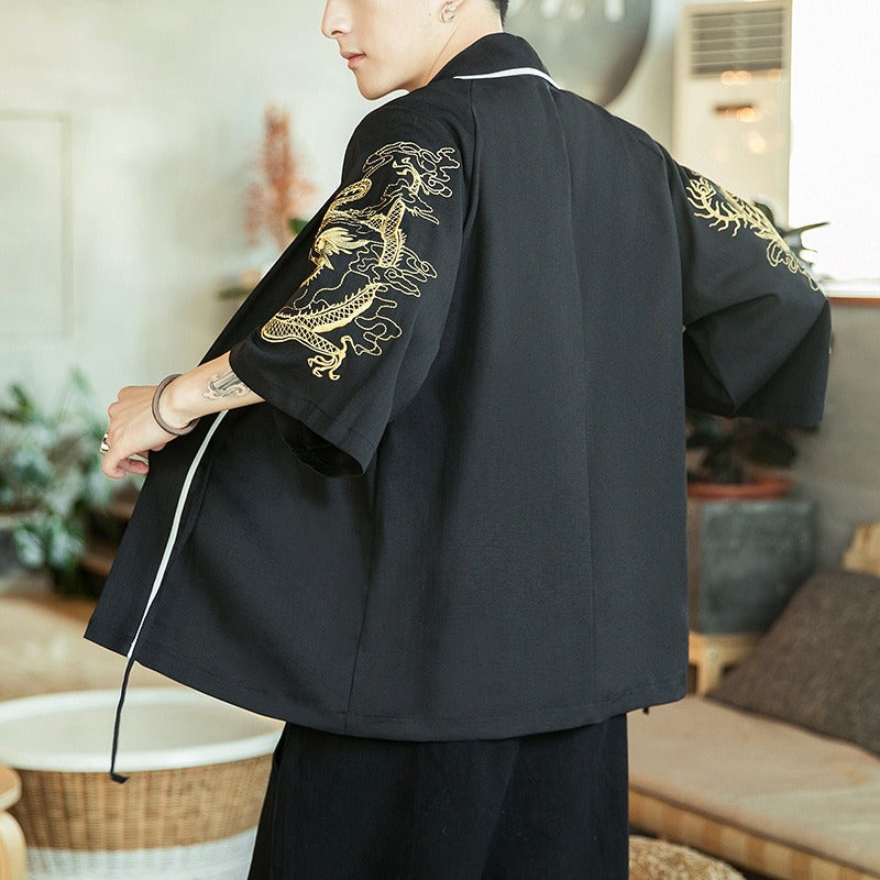 Cardigan Kimono Japonais Dragon Doré