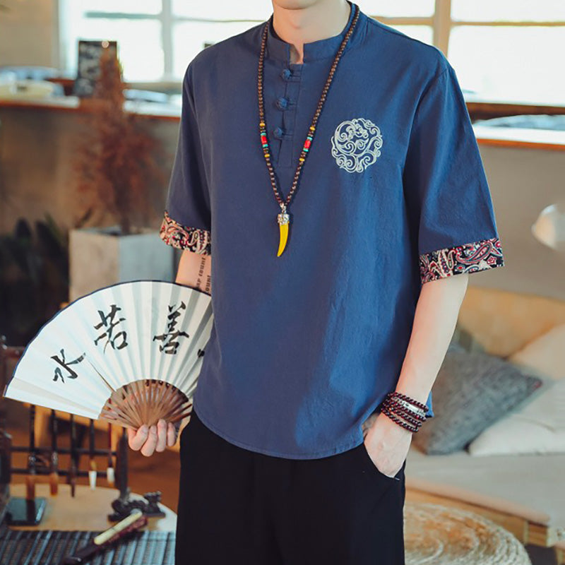 Chemise Kimono Japonais Lin Bleu