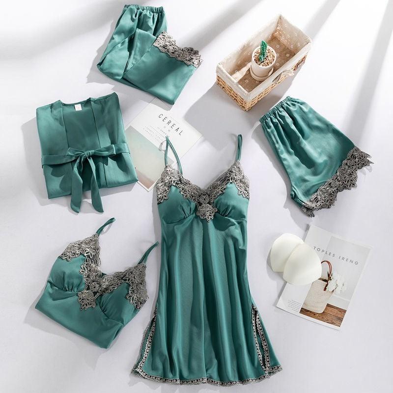 Lingerie Kimono Satin 5 Pièces Vert