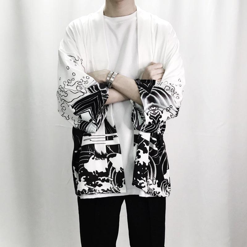 Veste Kimono Japonais Cascade Dragon Blanc