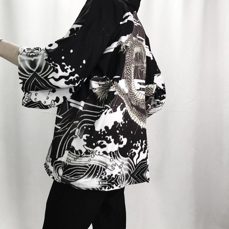 Veste Kimono Japonais Cascade Dragon Noir