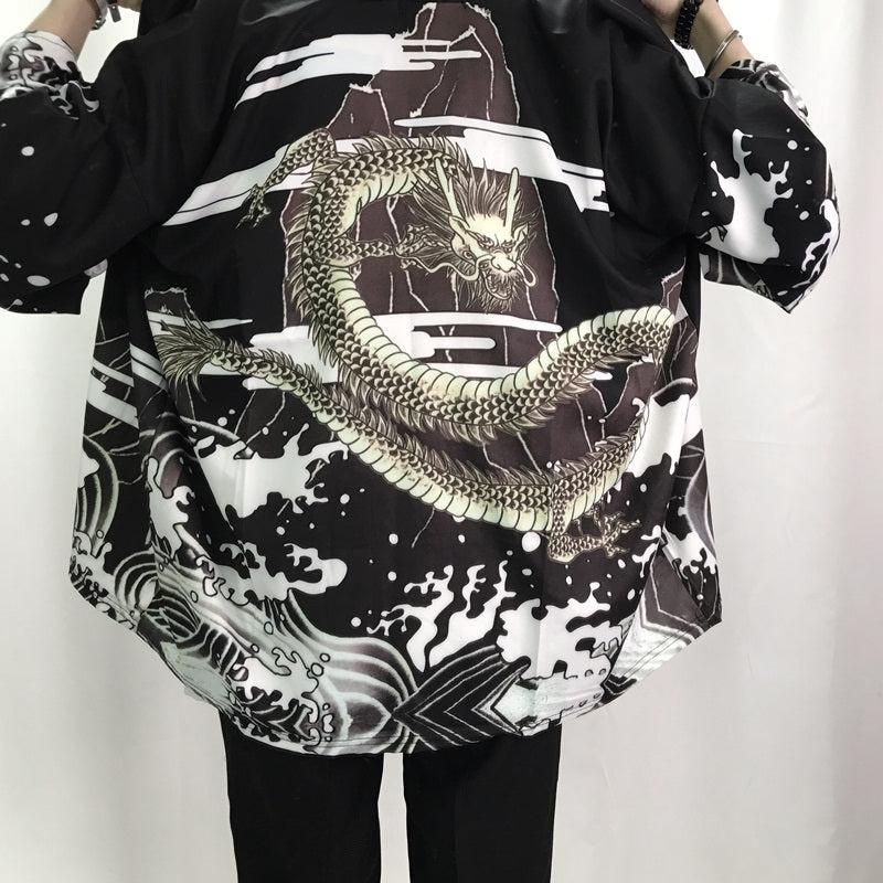 Veste Kimono Japonais Cascade Dragon Noir