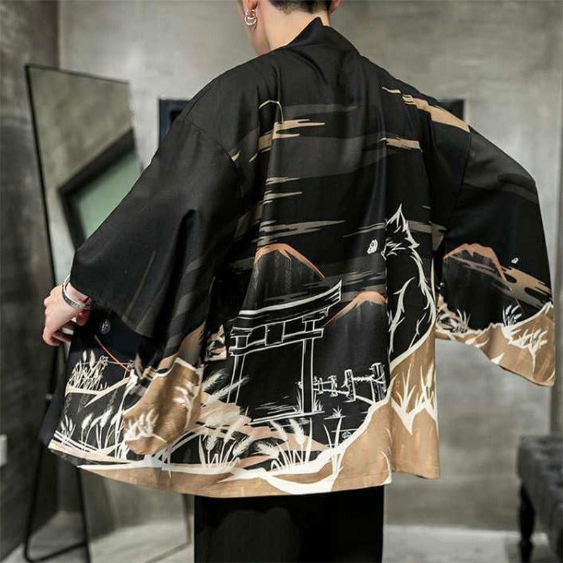 Veste Kimono Satin Temple Loup