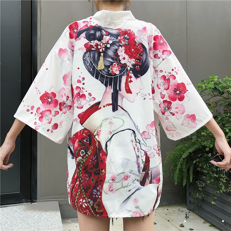 Veste Kimono Femme Geisha Fleurie Blanc