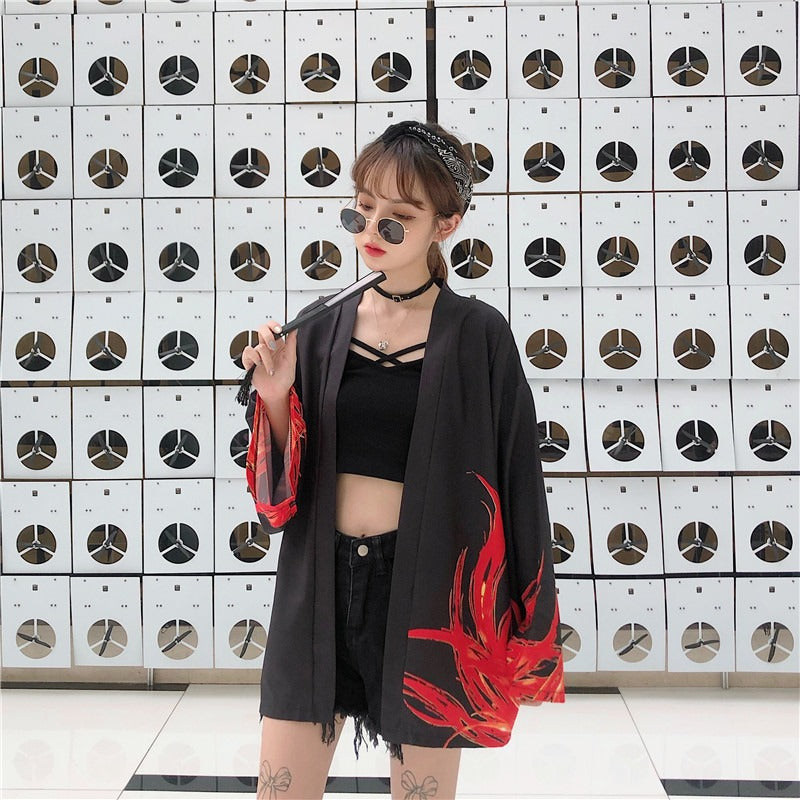 Veste Kimono Imprimé Phoenix Noir et Rouge
