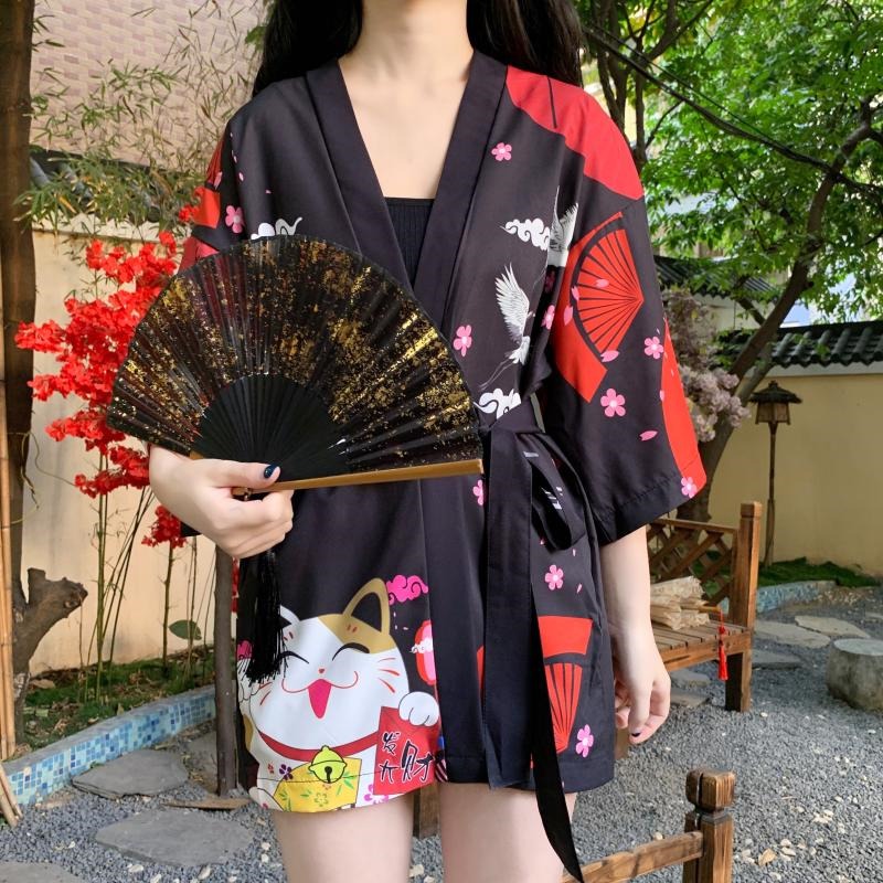 Veste Kimono Japonaise Neko Noire