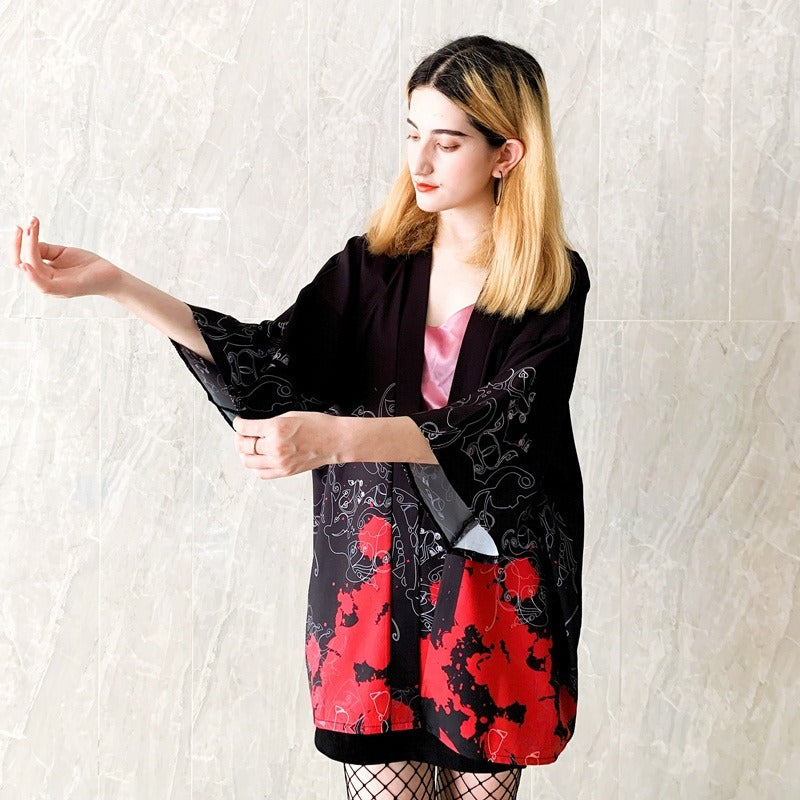 Veste Kimono Noir et Rouge Stylé