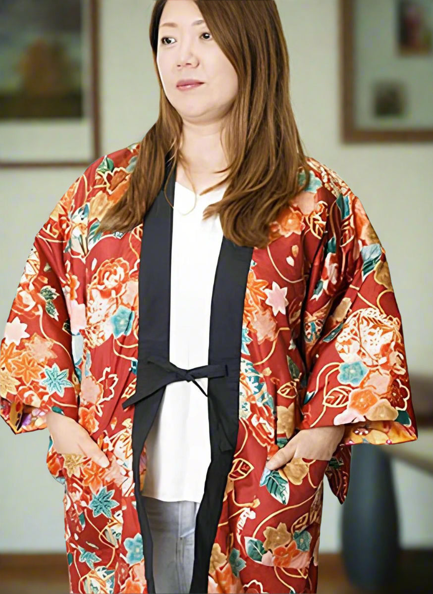 Manteau Kimono Rouge Fleuri