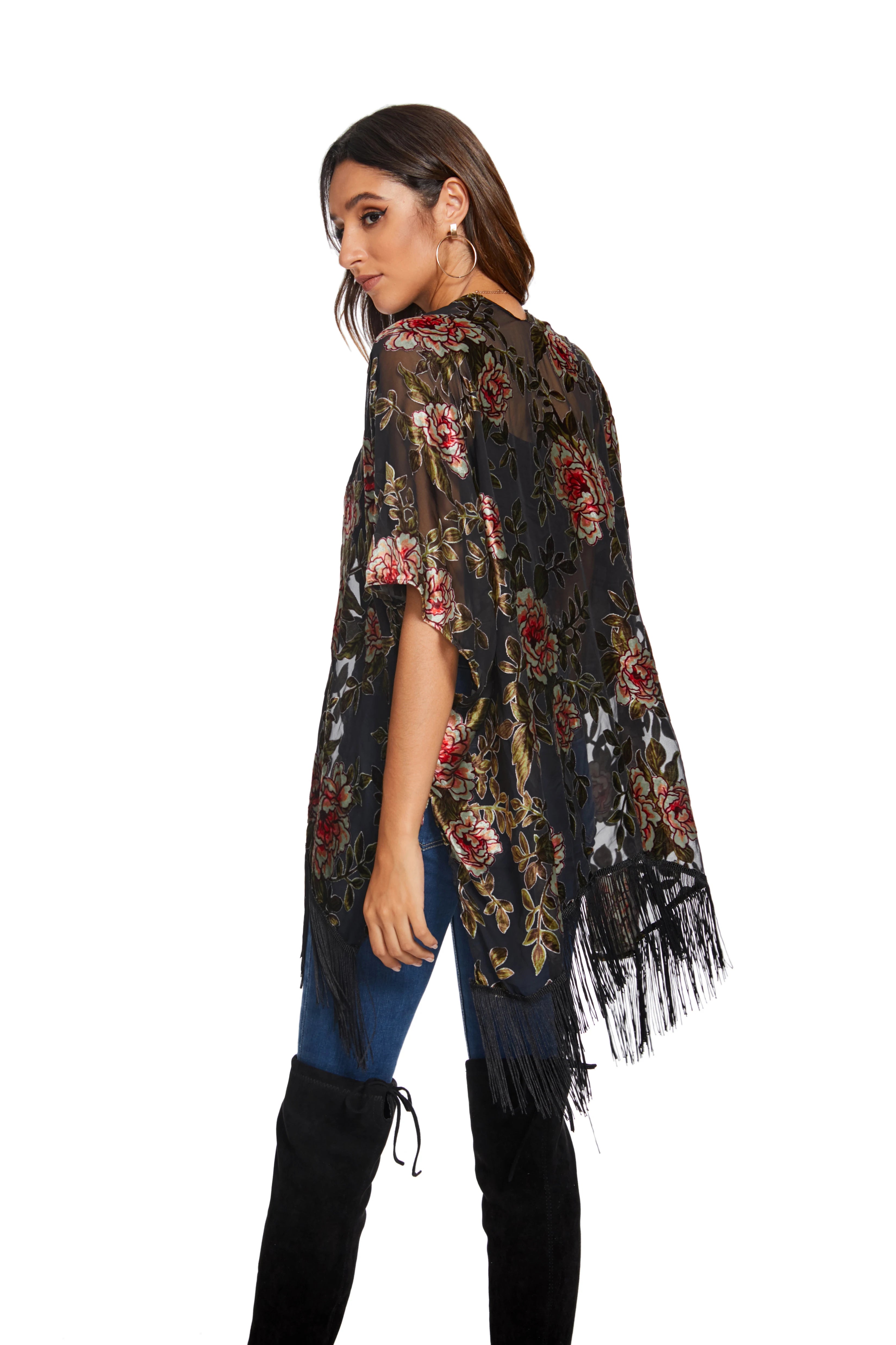 Kimono Fleuri Léger à Franges tendance