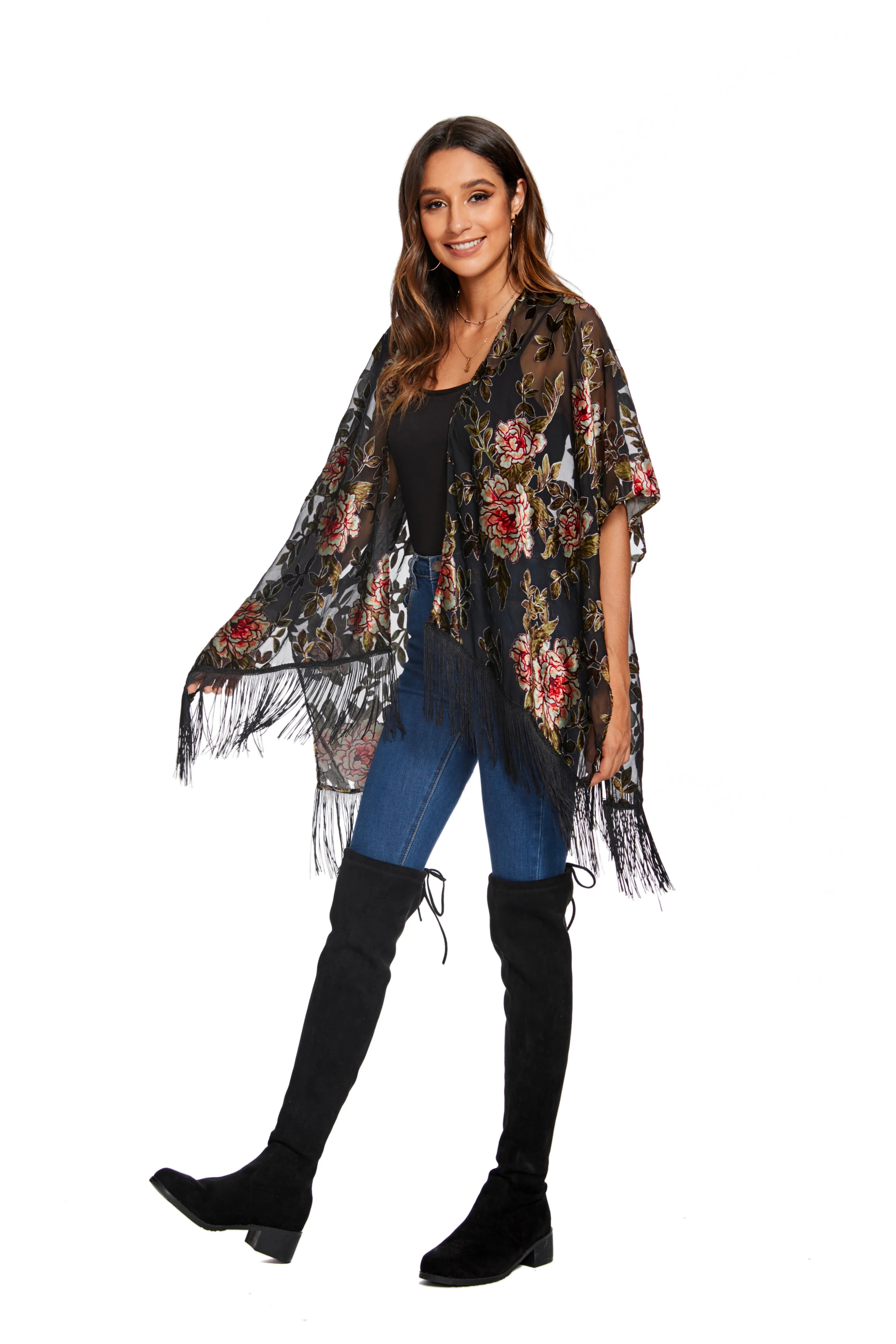 Kimono Fleuri Léger à Franges chic