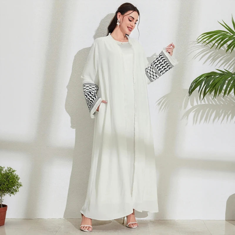 Abaya Kimono Blanche à Motifs Graphiques stylé