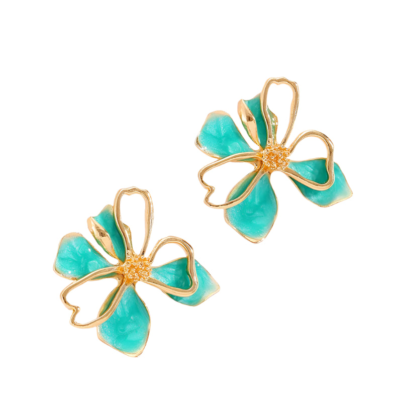 Boucles d’Oreilles Fleur Dorée et Colorée Bleu