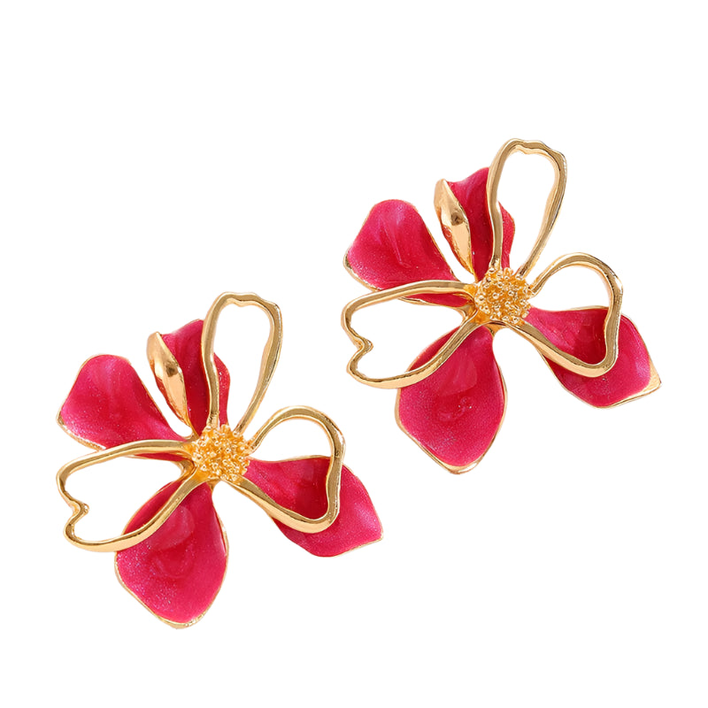 Boucles d’Oreilles Fleur Dorée et Colorée Rouge
